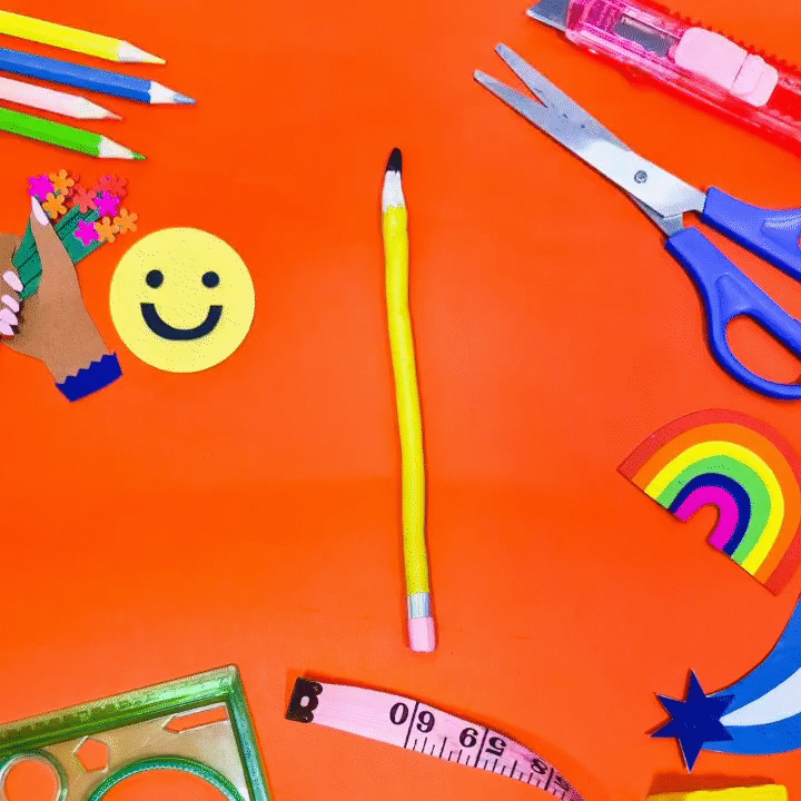 A claymation animation of a yellow pencil on an orange background.